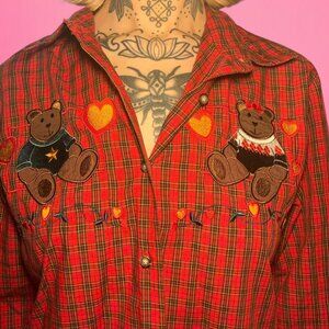 Vintage 90s teddy bear plaid shirt